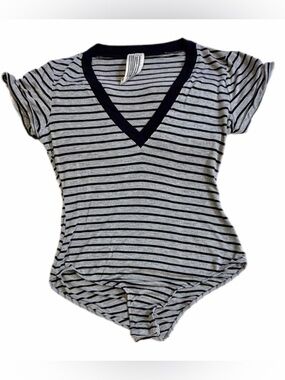 Free People Striped V Neck Bodysuit Womens Small Gray Black Stretch Minimalist